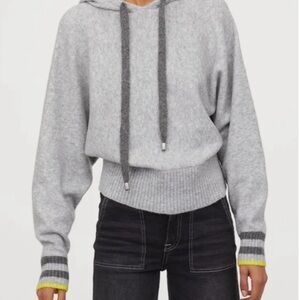 Light Gray Hooded Pullover Sweatshirt with Contrast Stripe Cuffs